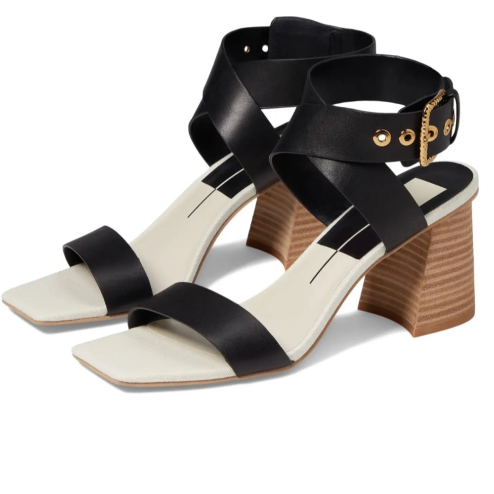 Dolce Vita Black Leather Paytin Strap Sandal W Wood Heel & Buckle Sz 37 US 7 NWT